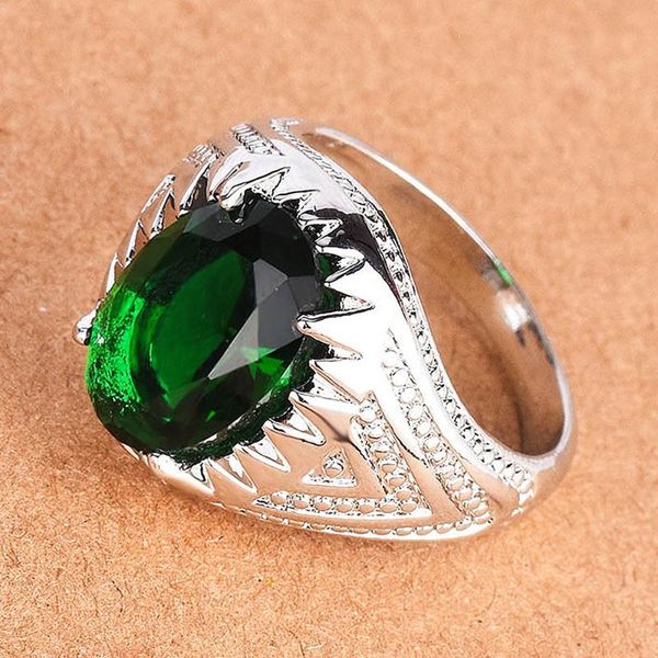 

cluster rings vintage fashion green crystal emerald gemstones for men white gold silver color jewelry bague masculine accessories turkey, Golden;silver