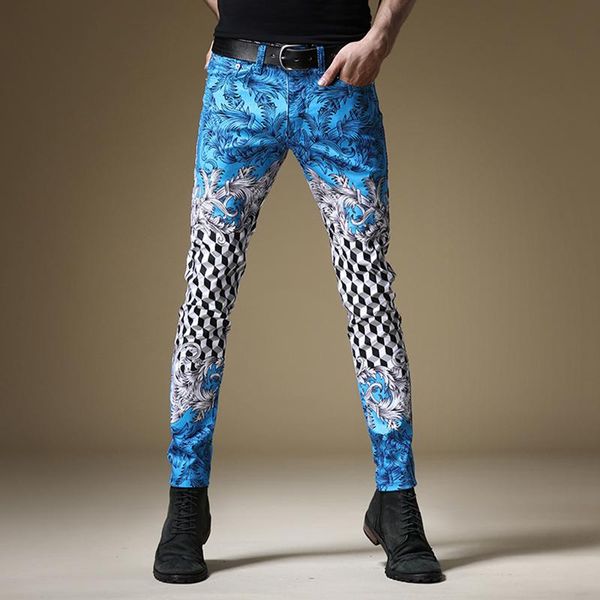 

men's jeans summer feather printed men casual blue straight slim fit pants
