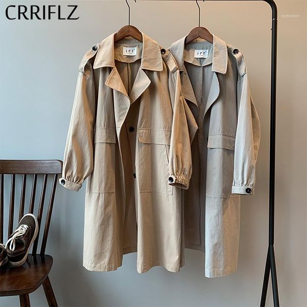 

spring medium long trench coat women casual big pocket trench outwear 2020 new crriflz1, Tan;black