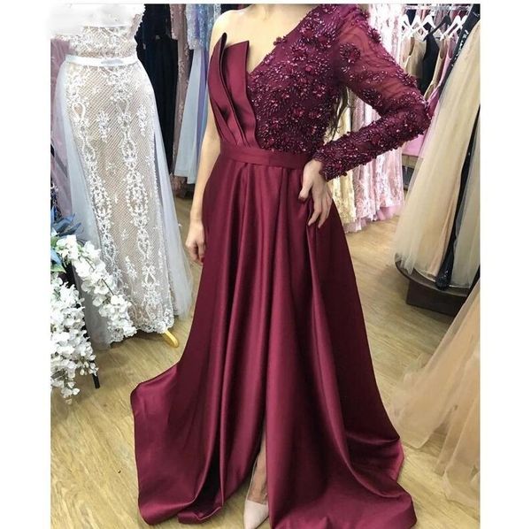 

2021 burgundy evening dresses lace beading satin one shoulder a-line long sleeve prom dress plus size dark red lady party dress, Black