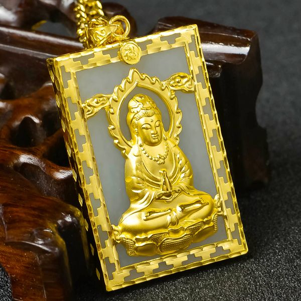 

bathed jewels in guanyin for men gold inlay tianyu and tian baiyu jade v56w, Silver
