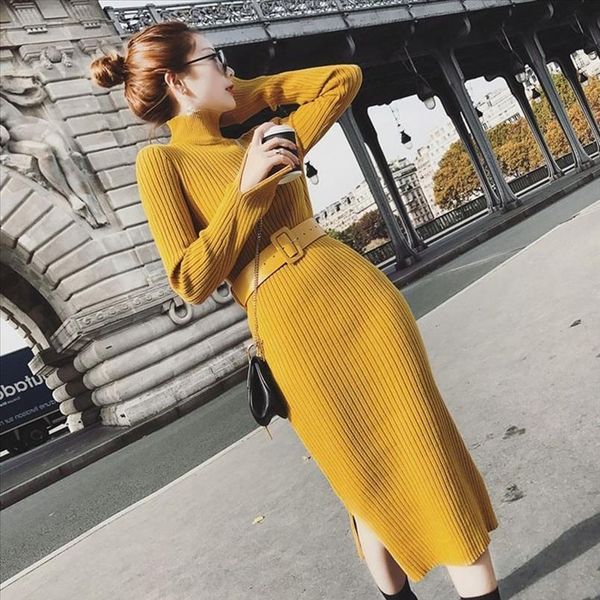 

2020 winter dress women knitting o neck long sleeve solid color dress belt sweater casual bodycon yellow black brown, Black;gray