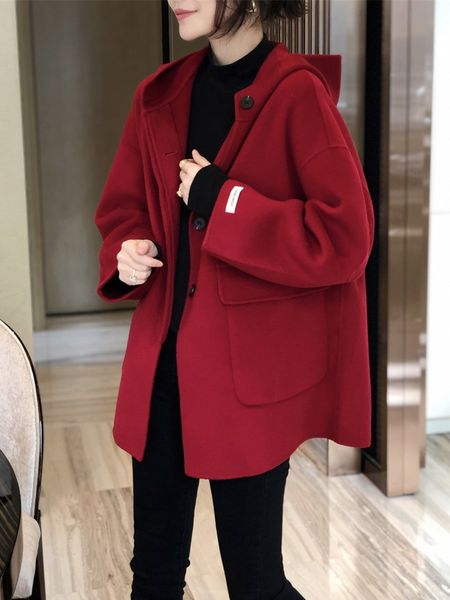 

aplimit winter hepburn cape red double cashmere women's hooded short woolen coat, Black