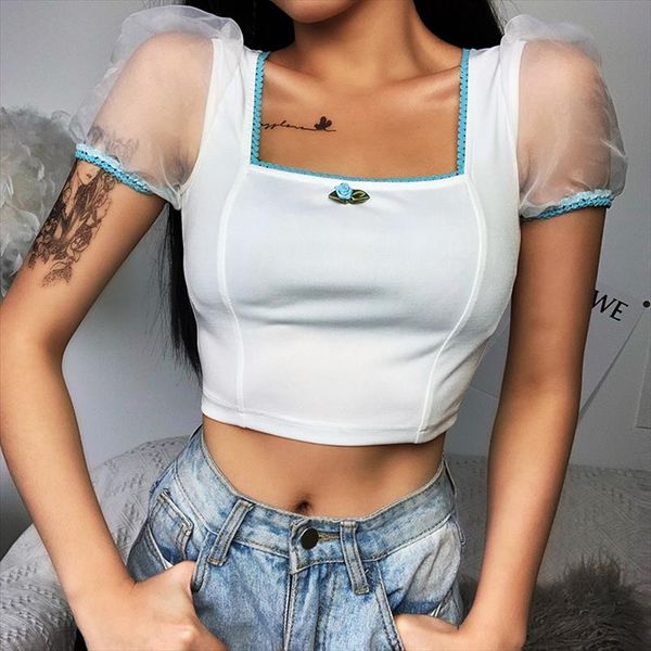 

lofia mesh puff sleeve vintage t shirt short sleeve women summer clothes 2020 fang ling womens crop cotton lace, White