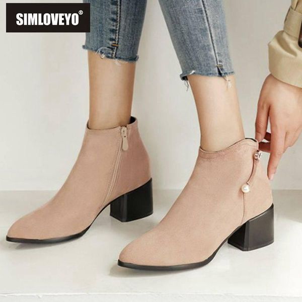 

boots simloveyo shoes women ankle pointed toe suede leather pearl zipper block heel classic botas mujer large size 48 b1501, Black