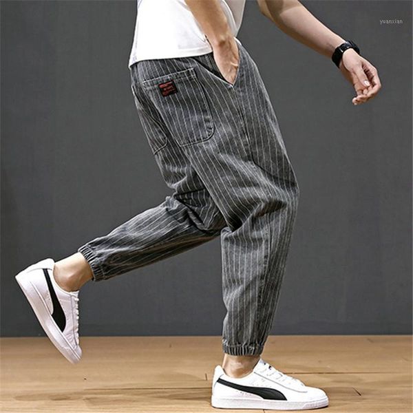 

new fashion striped men's harem pants jeans ankle-length denim trousers drawstring elastic waist male sweatpants joggers pants1, Blue