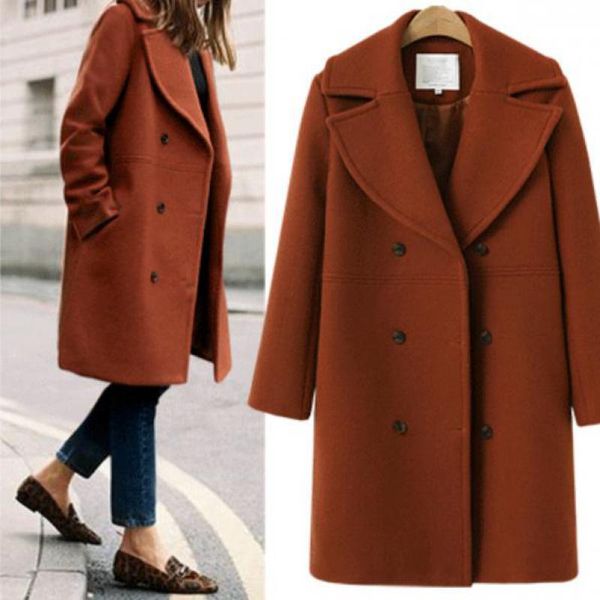 

plus size women's double-breasted mid-length trench woolen autumn and winter coat, Tan;black