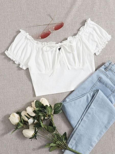 

off shoulder frill trim knot front v7g1#, White