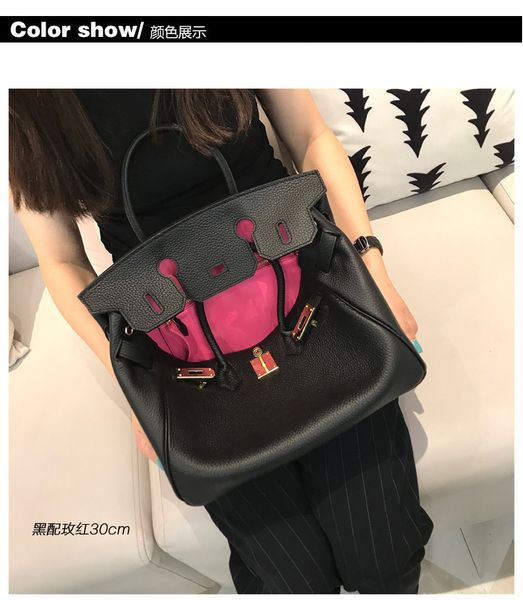 

european station spring and summer new layer cowhide lychee grain platinum bag lock leather handbag lady bag, Black;red