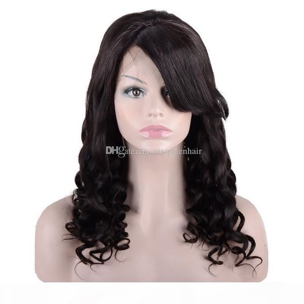 

my queen new style 100% unprocessed virgin hair full lace wigs natural color loose wave front lace wig with bangs, Black;brown