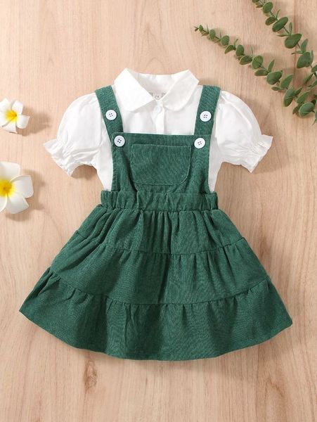 

baby puff sleeve blouse & ruffle hem overall dress she, White