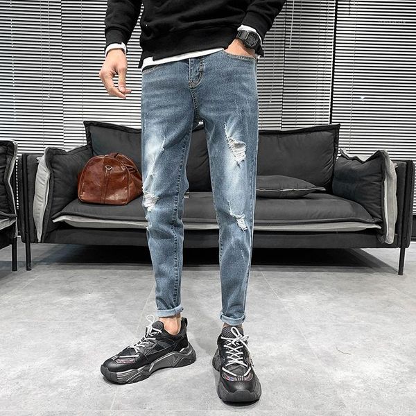 

2020 spring and autumn new youth popular hole in the waist beggar jeans fashion casual slim large size wild feet pants 28-361, Blue