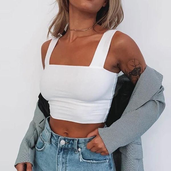 

2021 summer women crop tank sleeveless wide straps backless casual crop slim tank streetwear short vest, White