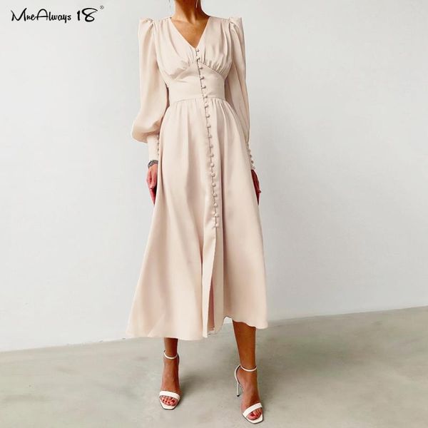 

mnealways18 puff sleeve spring satin long dress women v-neck party pleated dresses champagne elegant bodycon dress ladies ruched, Black;gray
