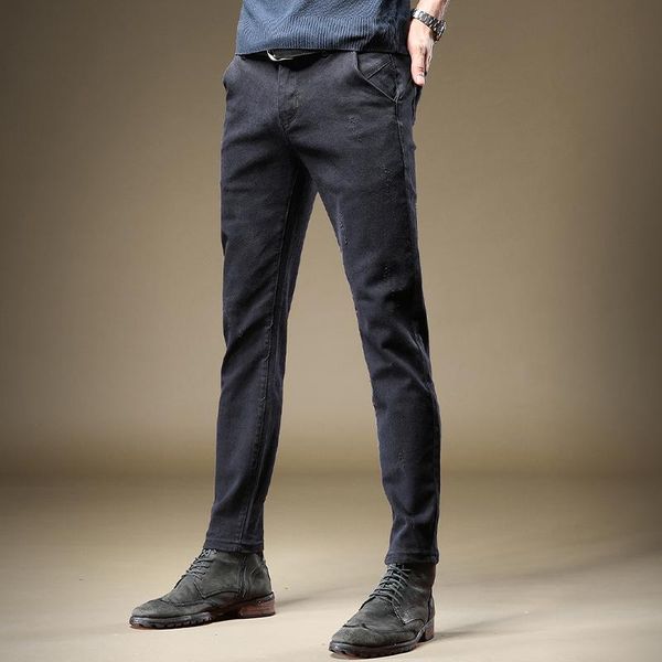 

black jeans men business casual cotton denim slim fit pencil pants, Blue