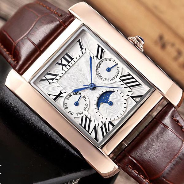 

small dials work mens watches square sun moon star male clock wrist watches fashion quartz waterproof calendar luxury men watch, Slivery;brown