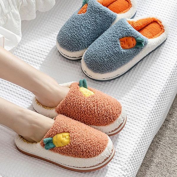 

slippers women plush winter warm candy patchwork carrot soft sole shoes men couples ladies home indoor bedroom slip on fur slide, Black