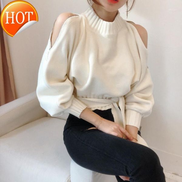 

women's sweaters korean half high neck zipper off shoulder lantern sleeve loose t-shirt short lace up slim sweater for women1, White;black