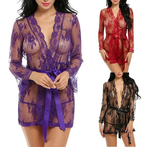

new large size lingerie eyelashes lace long-sleeved cardigan fun bathrobe wholesale dropshipping1, Red;black