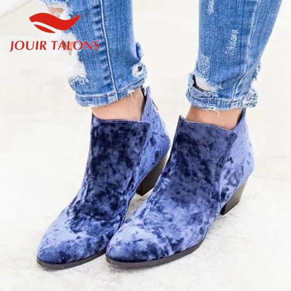 

boots jouir talons gothic punk style shoes chunky heels flock ankel women zip up solid square female shoes1, Black