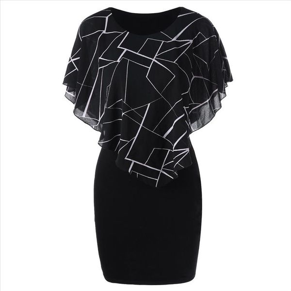 

38 2020 women fashion dress plus size printed chiffon o neck ruffles mini tight dress casual femininas de vero 2020, Black;gray