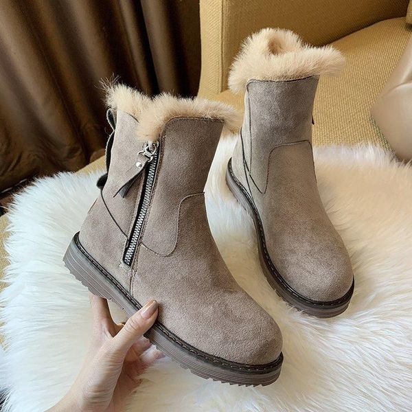

round toe shoes flat heel zipper boots women new 2021 australia winter footwear snow med ankle rock ladies rubber solid short, Black