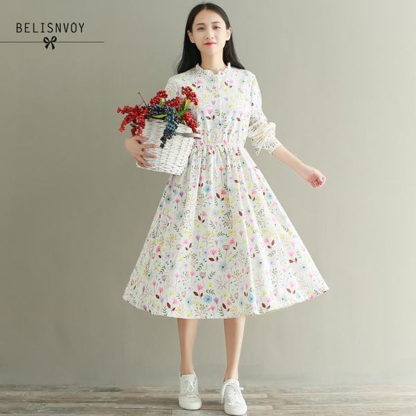 

mori girl autumn winter female robe ruffled corduroy vestidos de festa long sleeve gorgeous sweet floral printed women dresses lj201203, White;black