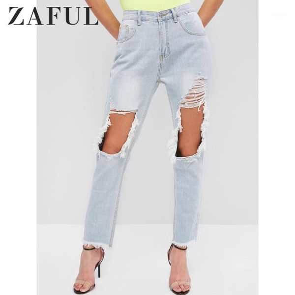 

zaful ripped cut out frayed jeans light wash pocket high waisted zipper outwear cotton denim hollow out autumn jeans women1, Blue
