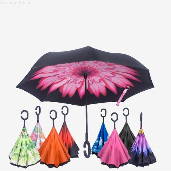 

folding reverse umbrella double layer inverted windproof umbrellas self stand rain protection c-hook hands for car