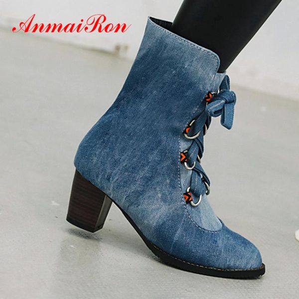 

anmairon denim western ankle boots for women square heel pointed toe winter boots women patchwork short plush cross-tied flock, Black
