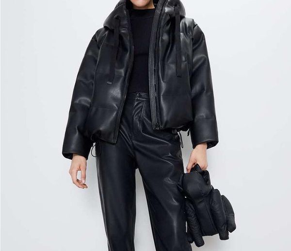 

2020 hooded faux leather parkas women fashion pu leather coats women elegant zipper cotton jackets female ladies faux1, Black