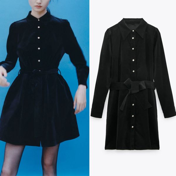 

2021 new black velvet mini women autumn fashion tied belt long sleeve dress ladies vintage french elegant dresses 6tul, Black;gray