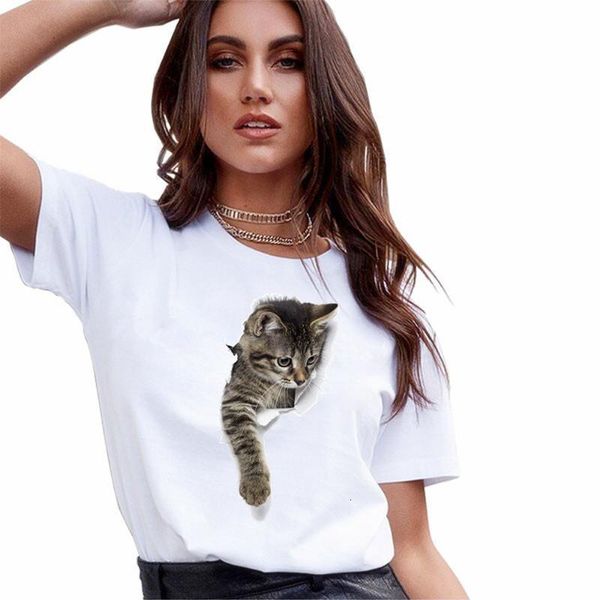 

fashion 3d cat print casual harajuku women t-shirt summer short sleeve o-neck tee casual clothes female t shirts, White