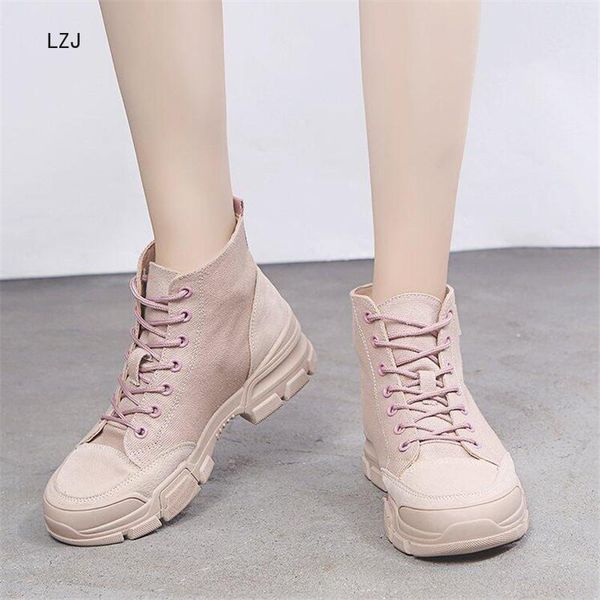 

lzj 2020 boots women shoes woman fashion low-heeled lace up ankle boots ladies buckle artificial leather shoes feminina 35-40, Black