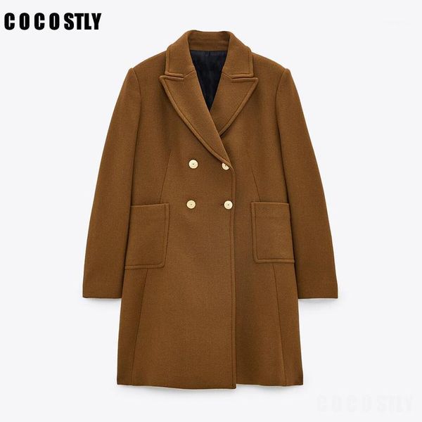 

winter coat women 2020 fashion double breasted loose woolen coat vintage long sleeve pockets female outerwear chic overcoat1, Black