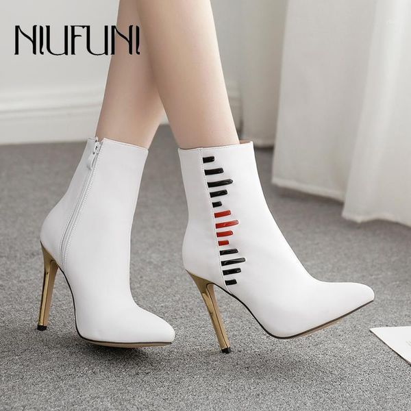 

boots niufuni pu leather zipper pointed toe fashion women snowshoes white stiletto high heels autumn winter ankle boots1, Black