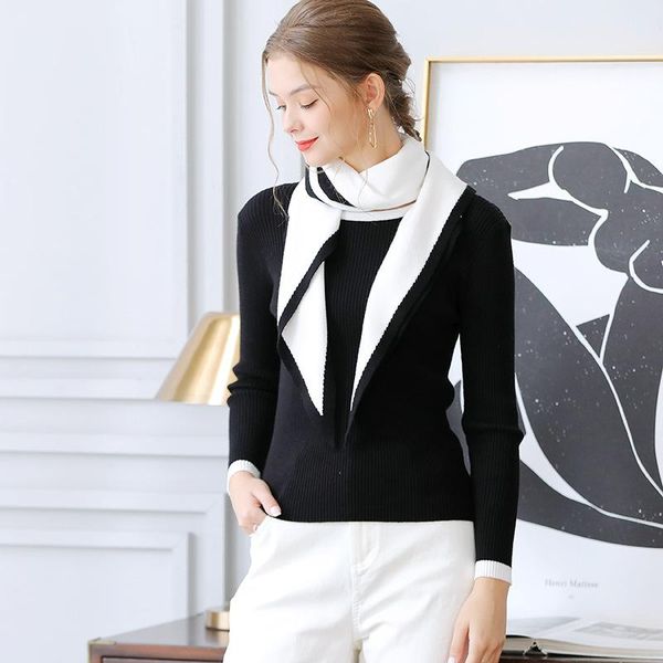 

women's sweaters autumn joker knit with knot scarf fashion round-neck solid color casual female office lady, White;black