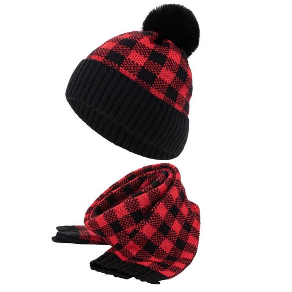 

2021 new winter red and black plaid fur pompom warm knitted winter hat pullover hat scarf two piece set beanie girls boys