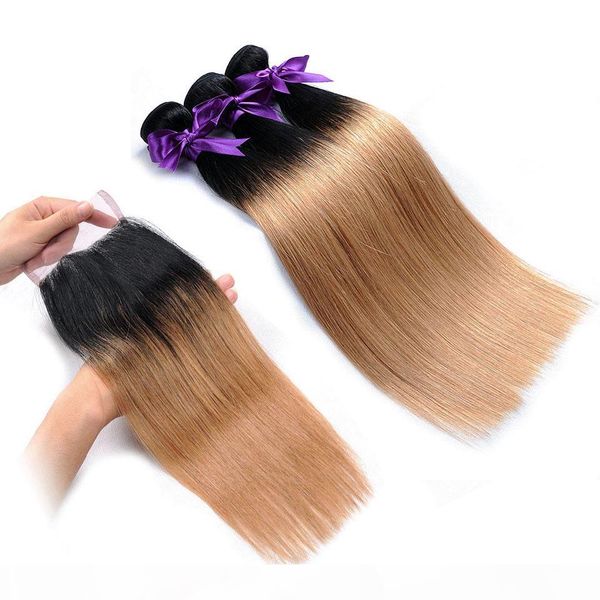 

human hair bundle with lace closure ombre hair 1b 27 straight brazilian human hair weave 3 or 4 bundles with closure part, Black;brown