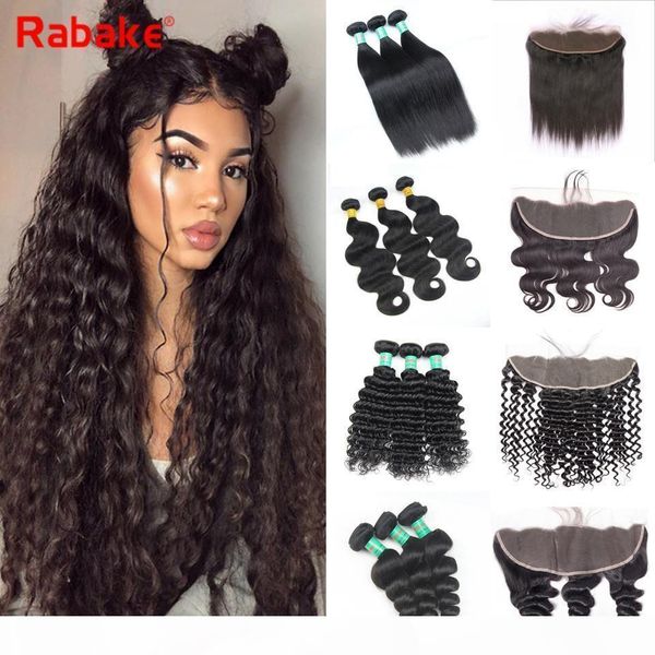 

13x4 ear to ear lace closure rabake deep wave brazilian unprocessed virgin hair lace frontal with bundles body wave loose hair extensions, Black;brown