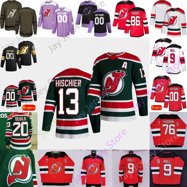 

2021 custom new jersey devils ice hockey martin brodeur nico hischier jack hughes kyle palmieri subban wood smith zajac severson niedermayer, Black;red