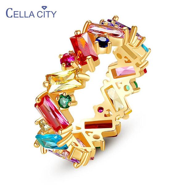 

cluster rings cellacity trendy geometry silver 925 jewelry charms gemstones ring for women colorful zircon rainbow female party fine, Golden;silver
