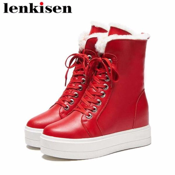 

lenkisen korean girls cow leather round toe sheep fur keep warm high wedges heels waterproof lace up woman ankle snow boots l20, Black