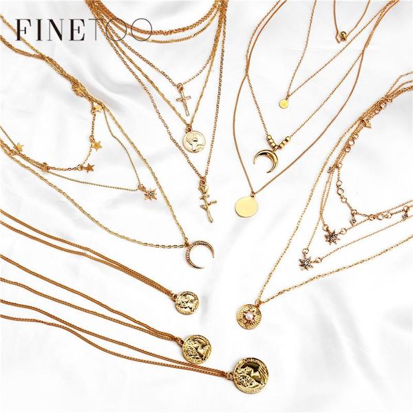 

pendant necklaces bohemian multi layered necklace women choker vintage gold color crystal star moon coin collares statement jewelry, Silver