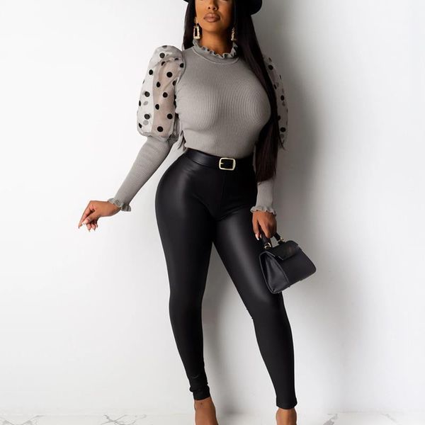 

dot print sheer mesh bodycon blouse shirt ruffle neck elegant women blouses spliced party latern puff sleeve shirt 1, White