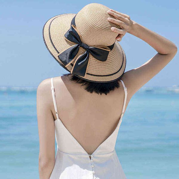 El Yapımı Örgü Güneş Şapkaları Kadınlar Için Siyah Şerit Lace Up Büyük Ağız Hasır Şapka Açık Plaj Şapka Yaz Kapaklar Yaz Bayanlar Caps G220301