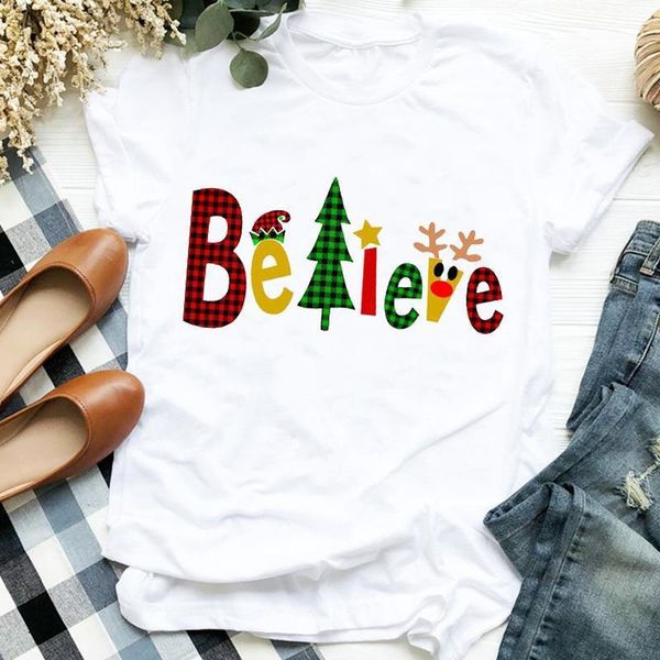 

women clothing plaid letters deer cute holiday merry christmas clothes ladies graphic print tee tshirt female t-shirt, White