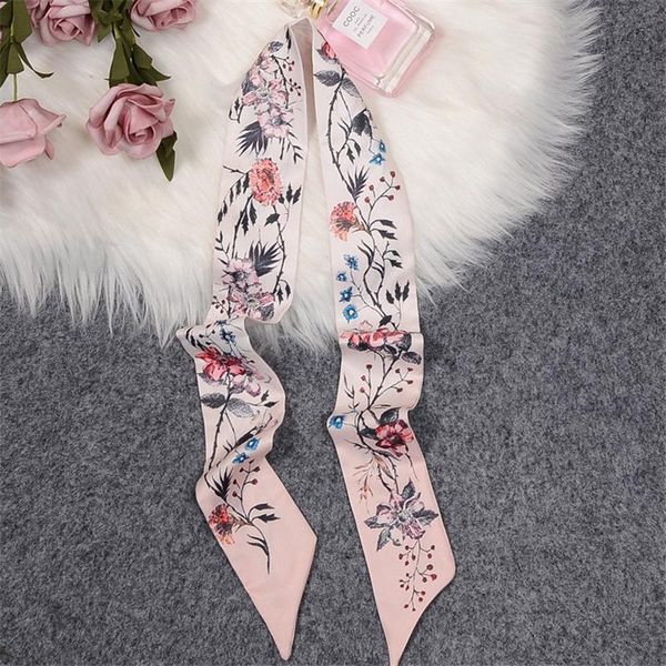 

new fashion bag scarf floral print women silk scarf skinny bag ribbon female headband twill head long scarves & wraps, Blue;gray