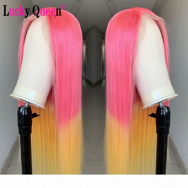 

glueless pink with yellow color human hair wigs pre plucked brazilian remy straight 13x4 lace front wigs for black women, Black;brown