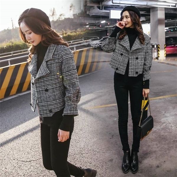 

женщина осень короткий плед шерстяной шерсти, Black